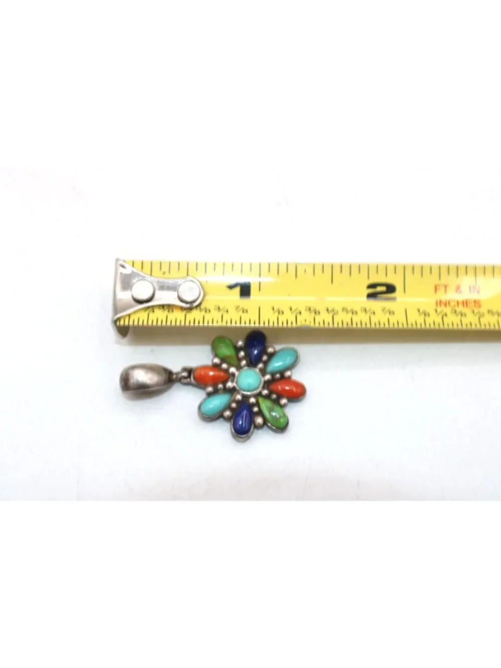 Vtg 925 Sterling Silver Multicolor Gemstone Flower Pendant Turquoise Lapis More